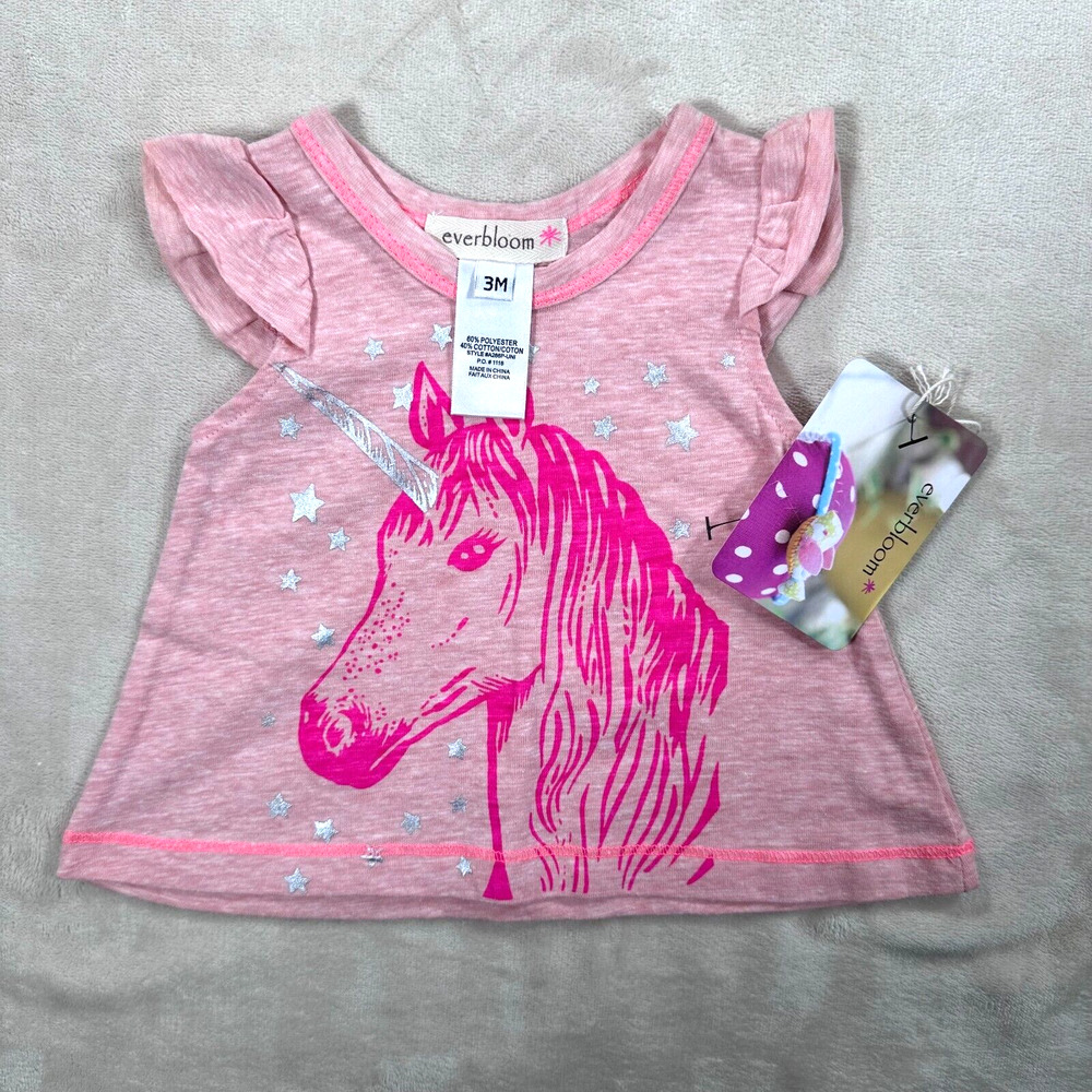 Everbloom 3 Months Pink Unicorn Graphic Silver Ruffle Sleeve Tee Time Shirt New